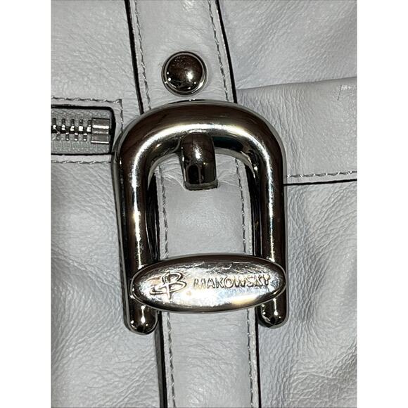 B Makowsky Leather Handbag Shoulder Bag White Hobo with Buckles Top Zip Pleats - Picture 5 of 14